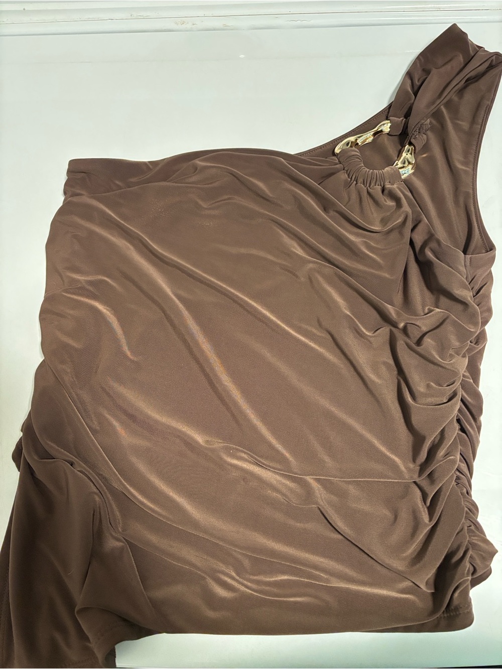 Moa Moa One-Shoulder Brown Dress with Gold Ring Accent